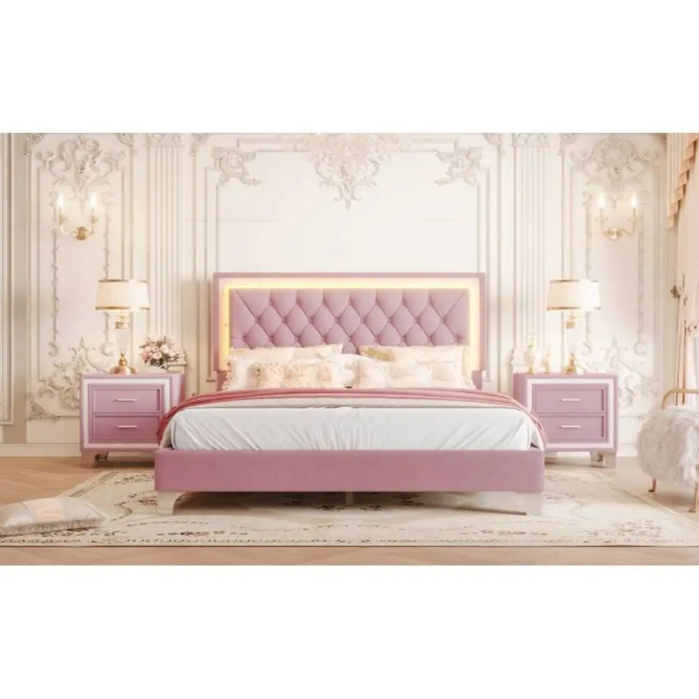 Three -Piece Upholstered Platform Bed Set with LED Lights and Nightstands Pink Velvet Foam-Filled Elegance & Ambiance Easy
