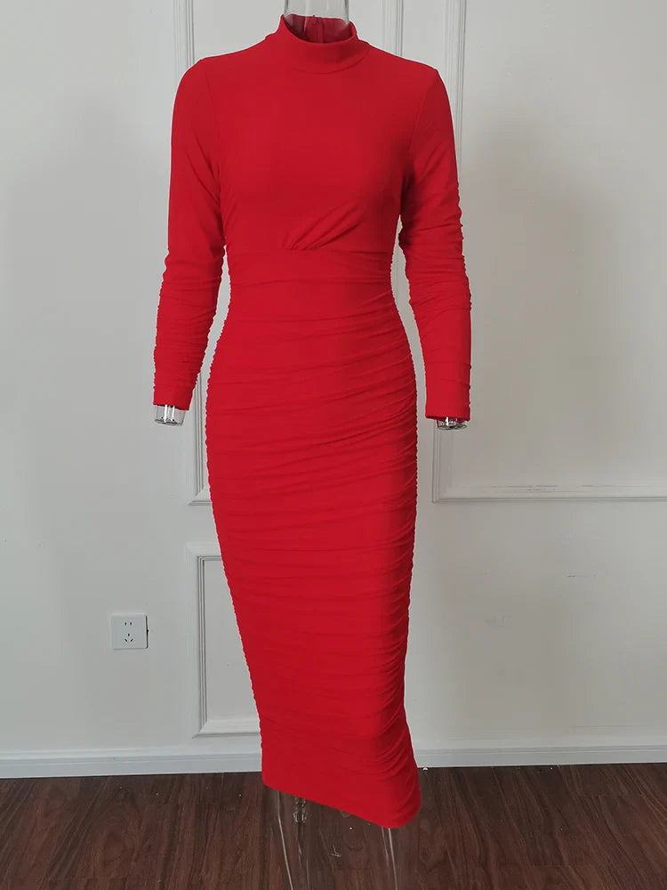 Y2k Solid Color Bodycon Party Long Dress Elegant Long Sleeve Slim Fit Party Dress Skinny O-neck Women's Floor-length Dress