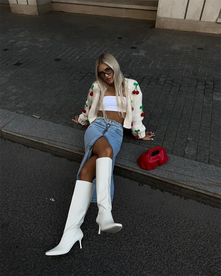 Knitted Cherry Sweaters Cardigan Long Sleeve Top Christmas Sweet Fairy Grunge Sweater Streetwear