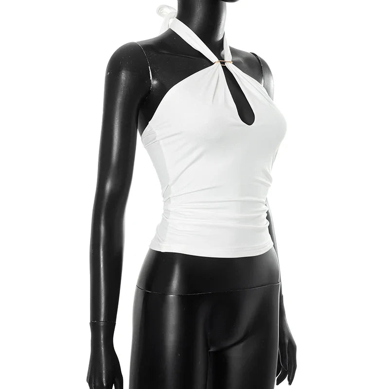 Women'S Solid Color Hanging Neck Tie Hollow Out Metal Ring Strapless Backless Tank Top Summer New Fashion Street Tank
