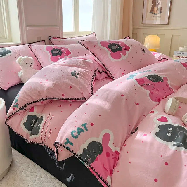 Tulip Double Layer Yarn Quilt Cover Bed Sheet Pillowcase Bedding Set Girls Duvet Cover Set No Filler