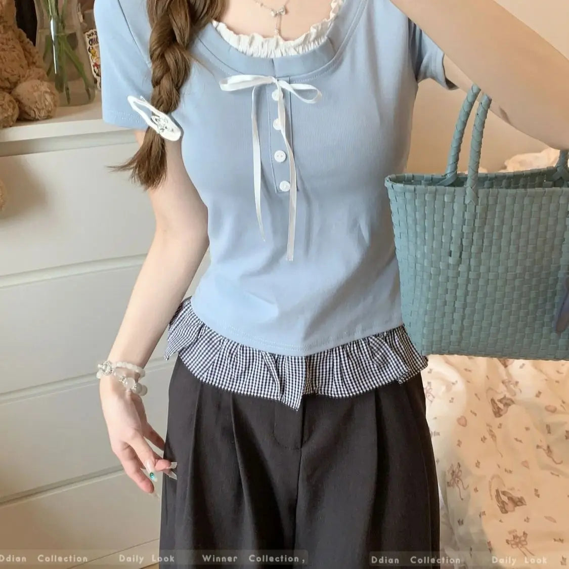 Sweet Style Fake Two-piece Bow Sweet Girl Top Short Sleeve T-shirt Slim Fit