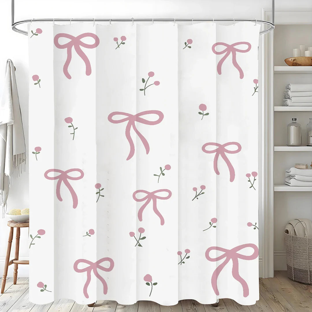 Pretty Pink Floral Bow Printed Shower Curtain with 12 Hooks, Mildew Resistant and Waterproof Bathroom Decoration