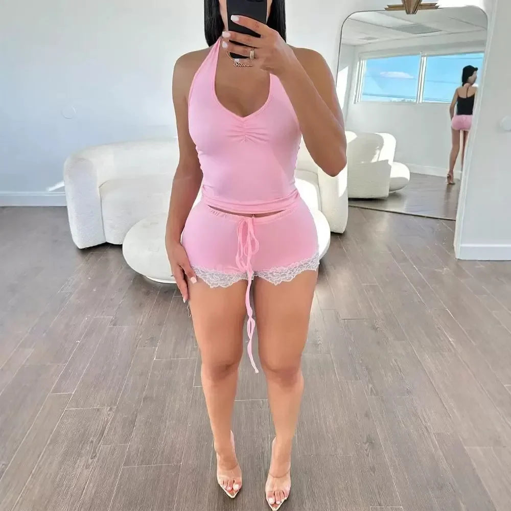 Sleeveless 2 Piece Sets Womens Outfits Streetwear Halter Ruched Top & High Waist Lace Trim Drawstring Shorts Suit