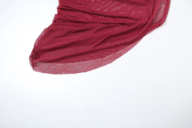 Irregular 2 Piece Set Women Double Deck Mesh Diagonal Collar Tank Top+Ruched Maxi Skirts Matching Outfit