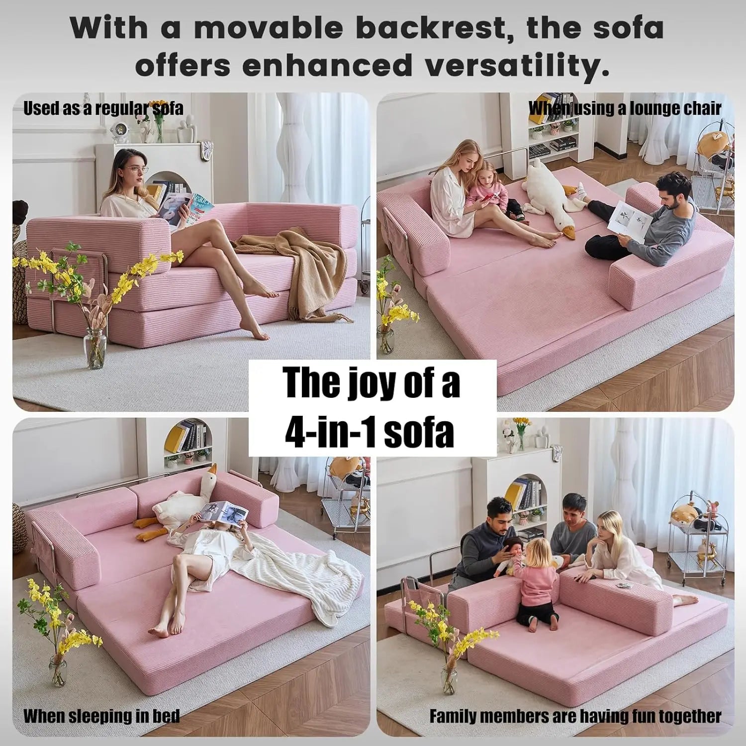 Combination Modular Sofa Living Room Folding Sofa Bed Convertable Corduroy Couch Floor Sleeper 4-in-1 Comfy Foldable Lazy