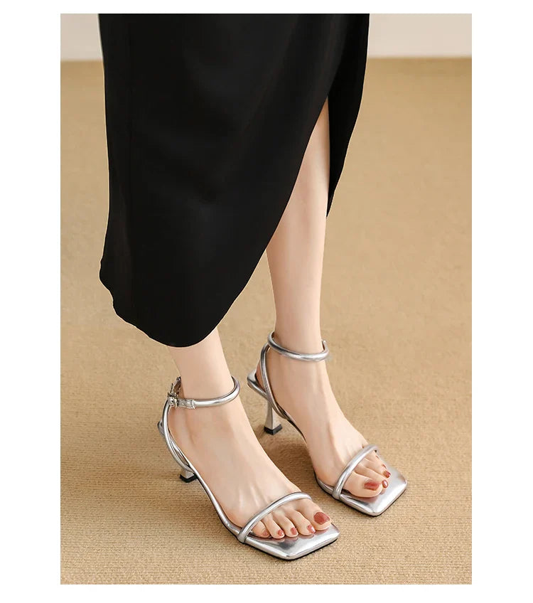 Women's High Heel Sandals Square Toe Thin Heels One-length Strip Open Toe Sandals