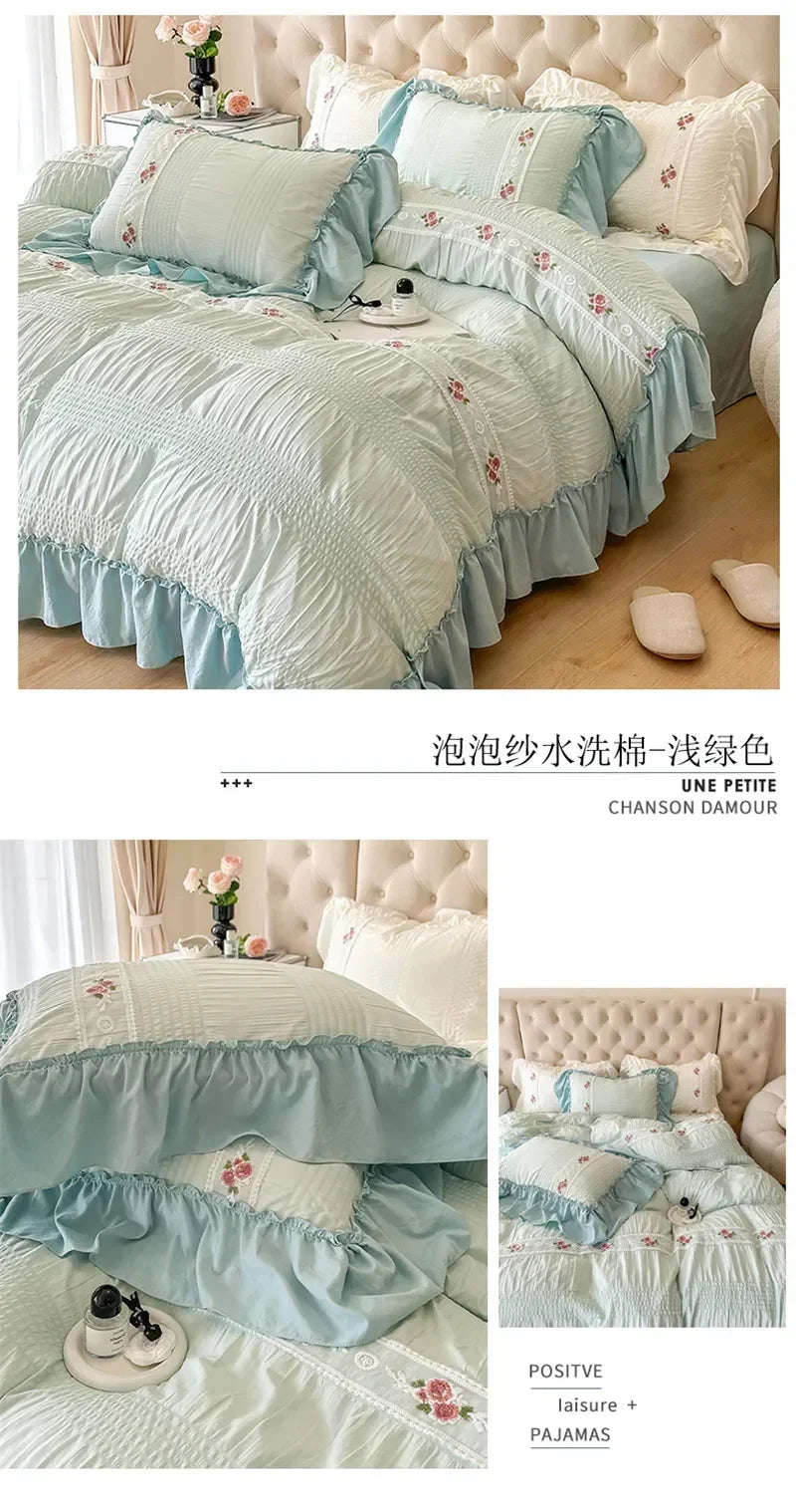 French Embroidered Lace Bubble Gauze Bedding Set Elegant Princess Style Duvet Cover Set Ruffled Comforter Cover Sets
