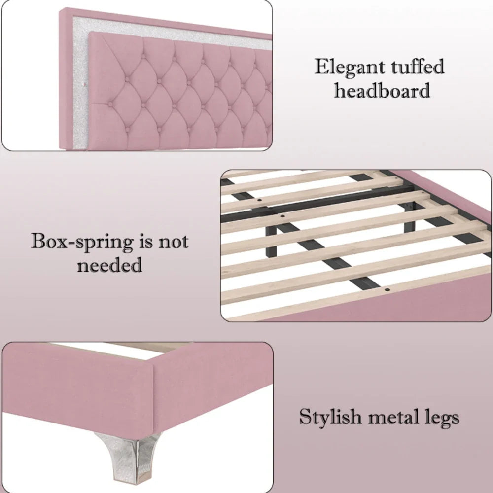Three -Piece Upholstered Platform Bed Set with LED Lights and Nightstands Pink Velvet Foam-Filled Elegance & Ambiance Easy