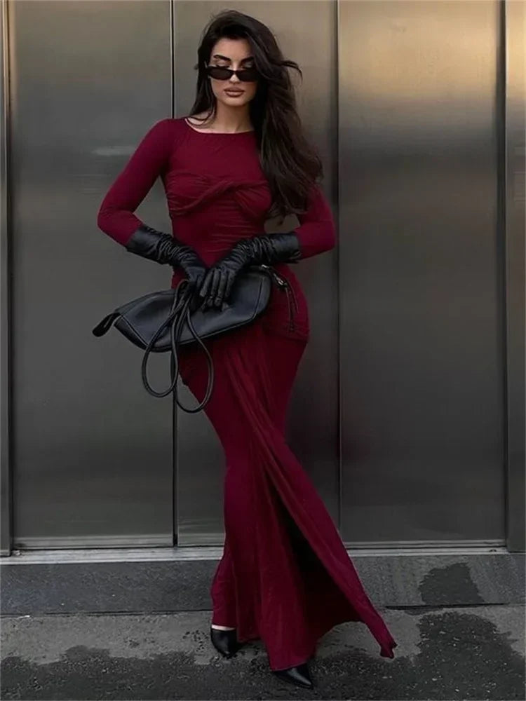 Female Pleated Sexy Maxi Dress Patchwork Twist Slim Long Sleeve Solid Women's Bodycon Dress