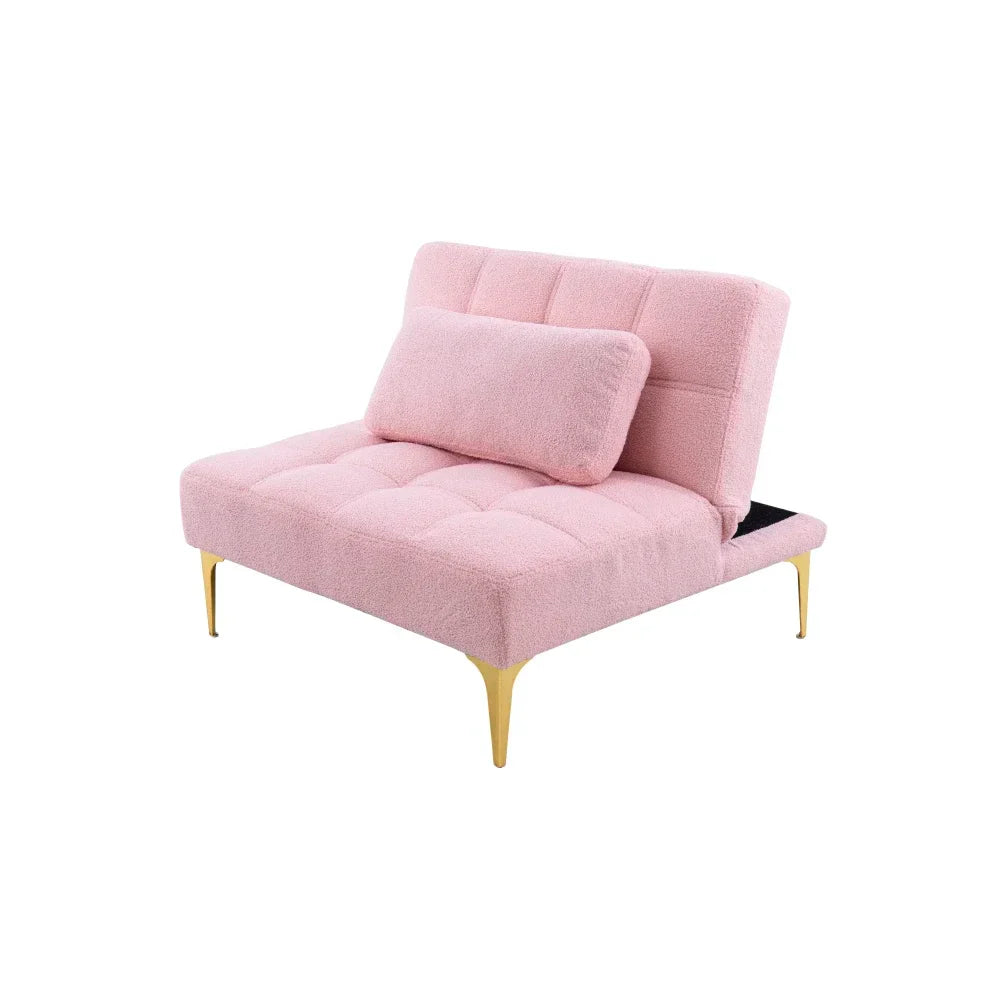 Pink Teddy Convertible Single Sofa Bed Futon With Gold Metal Legs Teddy Fabric
