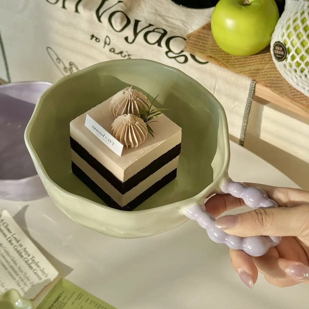 High Beauty Ceramic Instant Noodle Bowl with Pearl Handle Home Irregular Shape Cute Yogurt Bowls Fruit Dessert Tableware