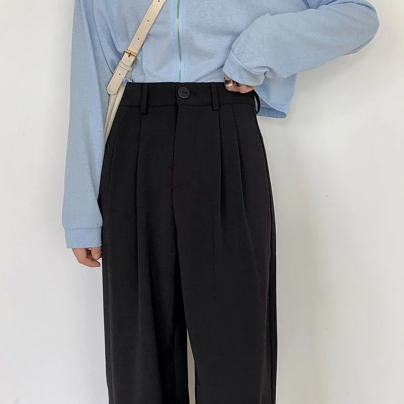 High Waist Women Suit Pants Fall Straight Office Ladies Fashion Trousers Casual Button Loose