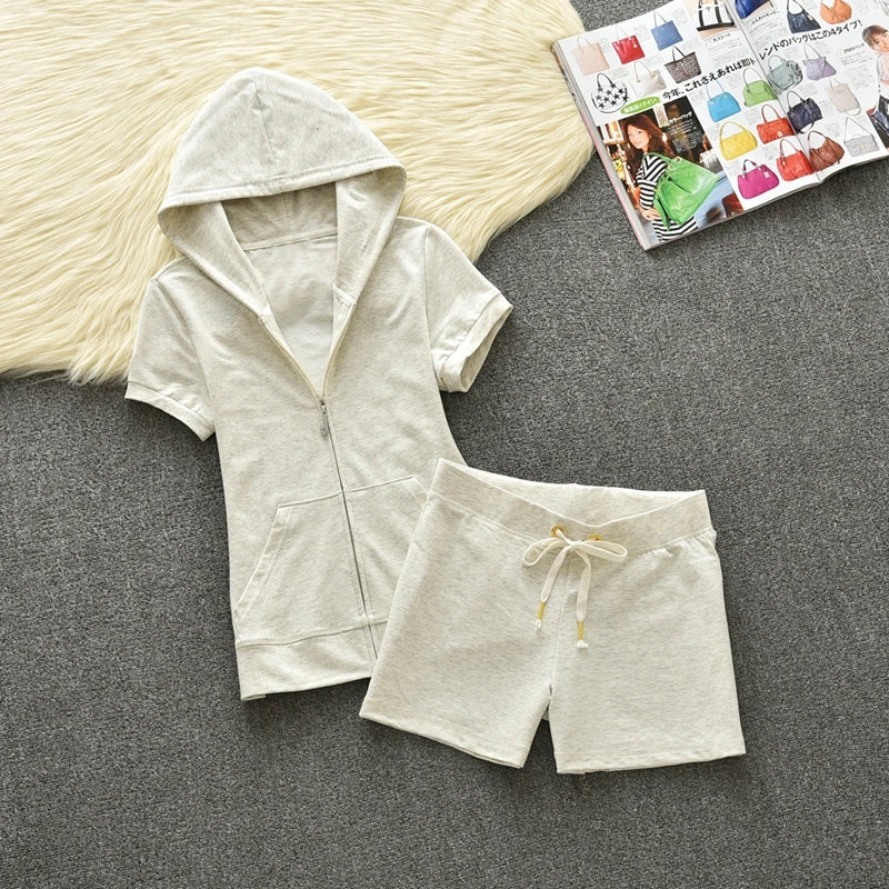 Summer Cotton Hoodie Sport Set Women's Solid Color Short Sleeve Shorts JC Summer Casual Fashion Two Piece Set