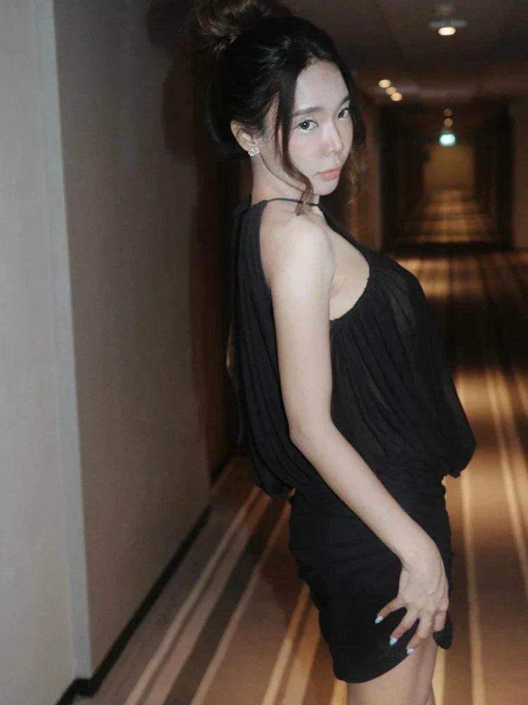 Ruched Sexy Mesh Dress Women Elegant Backless Draping Strapless Bodycon