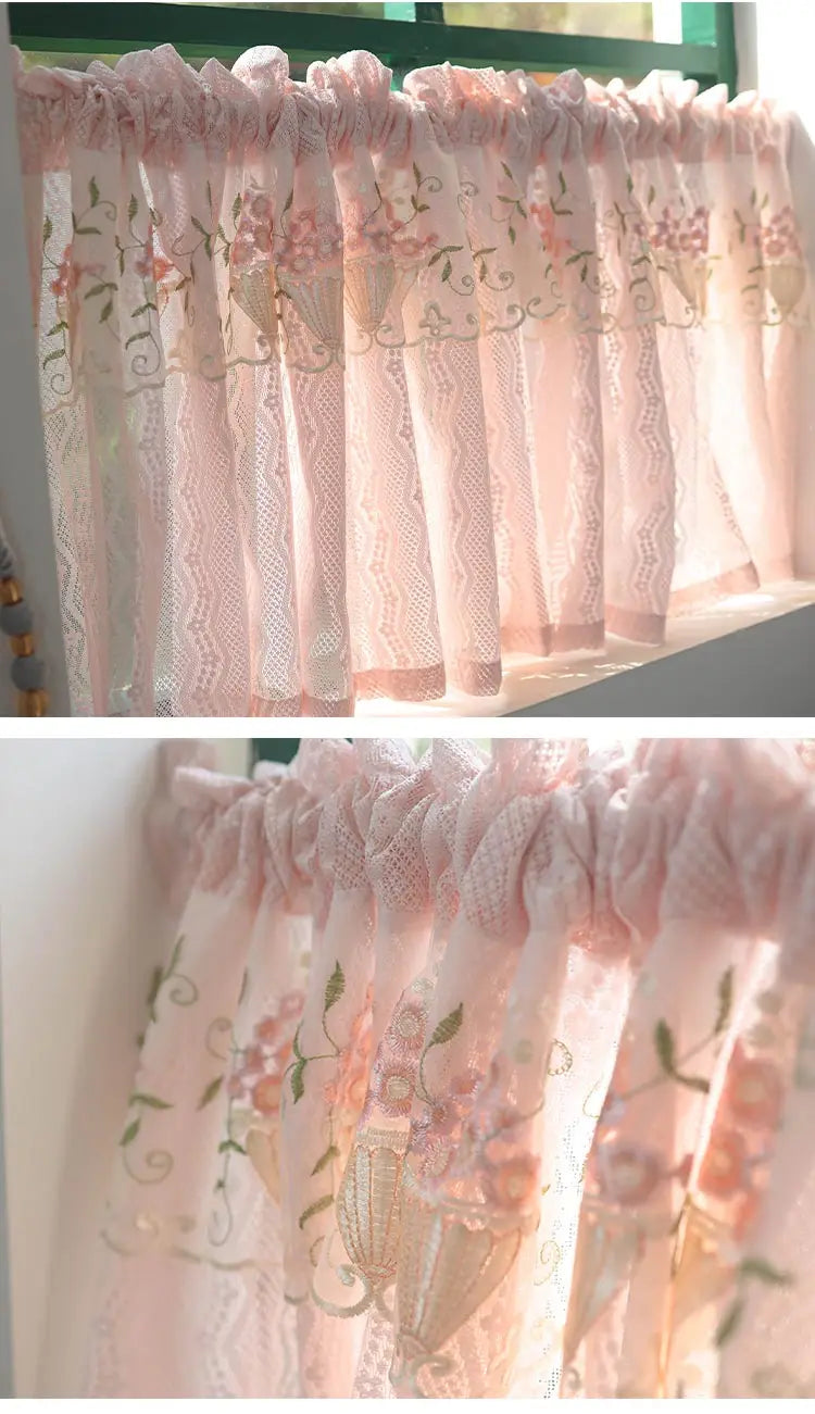 Pink Small Window Short Curtain Embroidery Floral Lace Half Window Curtains Sheer Tulle Home Decoration