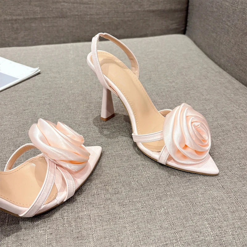 Fashion Silk Rose Flowers Pointed Open Toe Back Strap Women High Heels