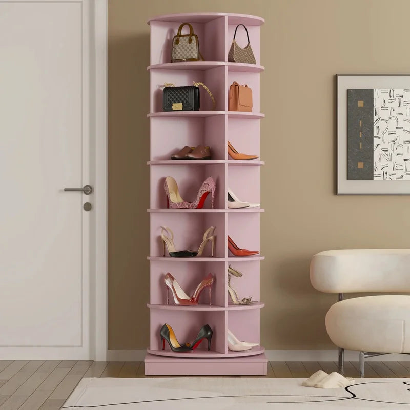 New 360-Degree Rotating Pink Shoe Cabinet with 7 Layers for Storing Up to 28 Pairs of Shoes