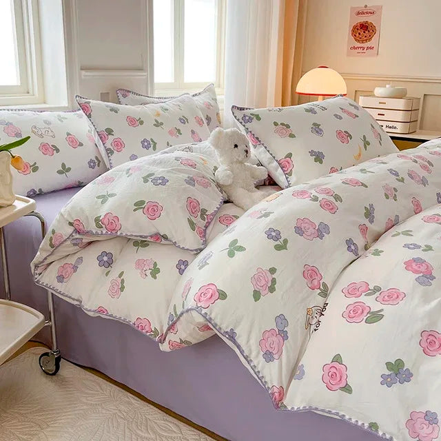 Tulip Double Layer Yarn Quilt Cover Bed Sheet Pillowcase Bedding Set Girls Duvet Cover Set No Filler