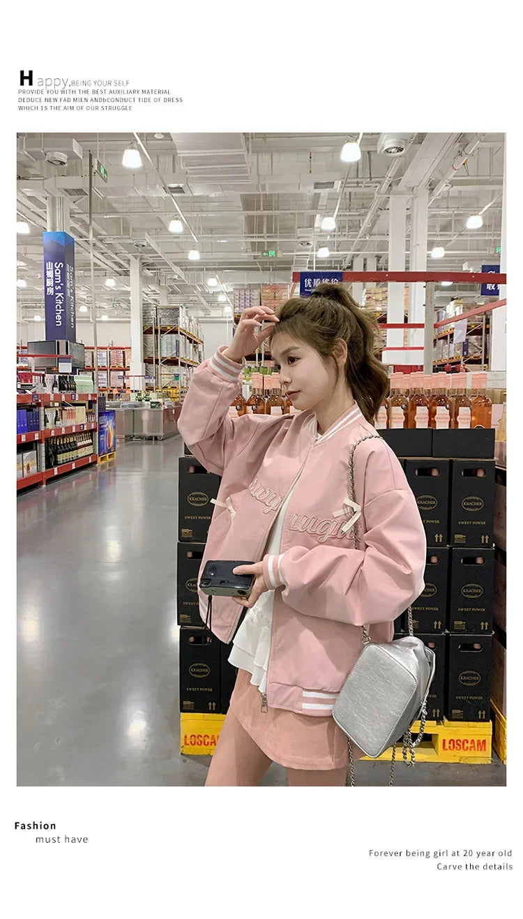 Sweet Butterfly Knot Pink Baseball Jacket Women's Spring Autumn Casual Loose Fit round Neck Full Sleeve Fashionable Coat