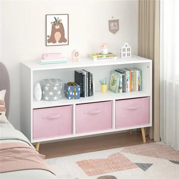Kids Bookcase with Collapsible Fabric Drawers, Children's Book Display, Toy Storage Cabinet Organizer, White/Pink