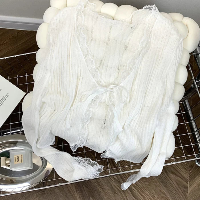 Lace Knitted Cardigans Long Sleeved Short Lace-Up Thin Shawl