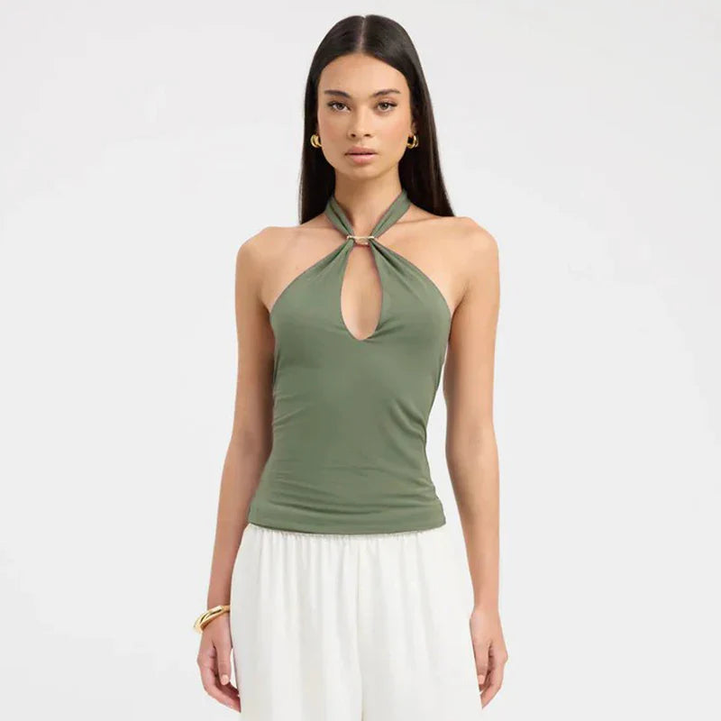 Women'S Solid Color Hanging Neck Tie Hollow Out Metal Ring Strapless Backless Tank Top Summer New Fashion Street Tank