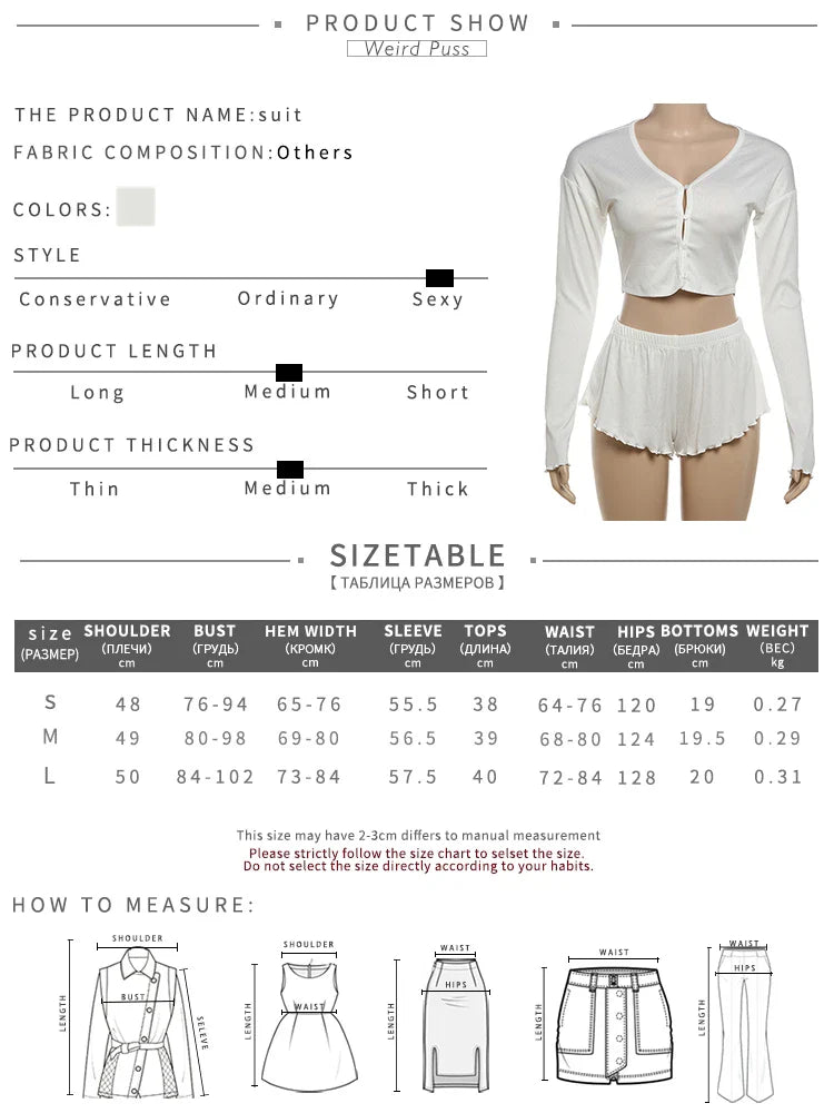 Solid 2 Piece Set Long Sleeve Single Breasted Crop Tops+Ruffles Simple Thin Mini Short Suit
