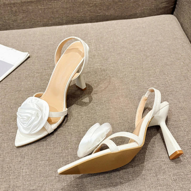 Fashion Silk Rose Flowers Pointed Open Toe Back Strap Women High Heels