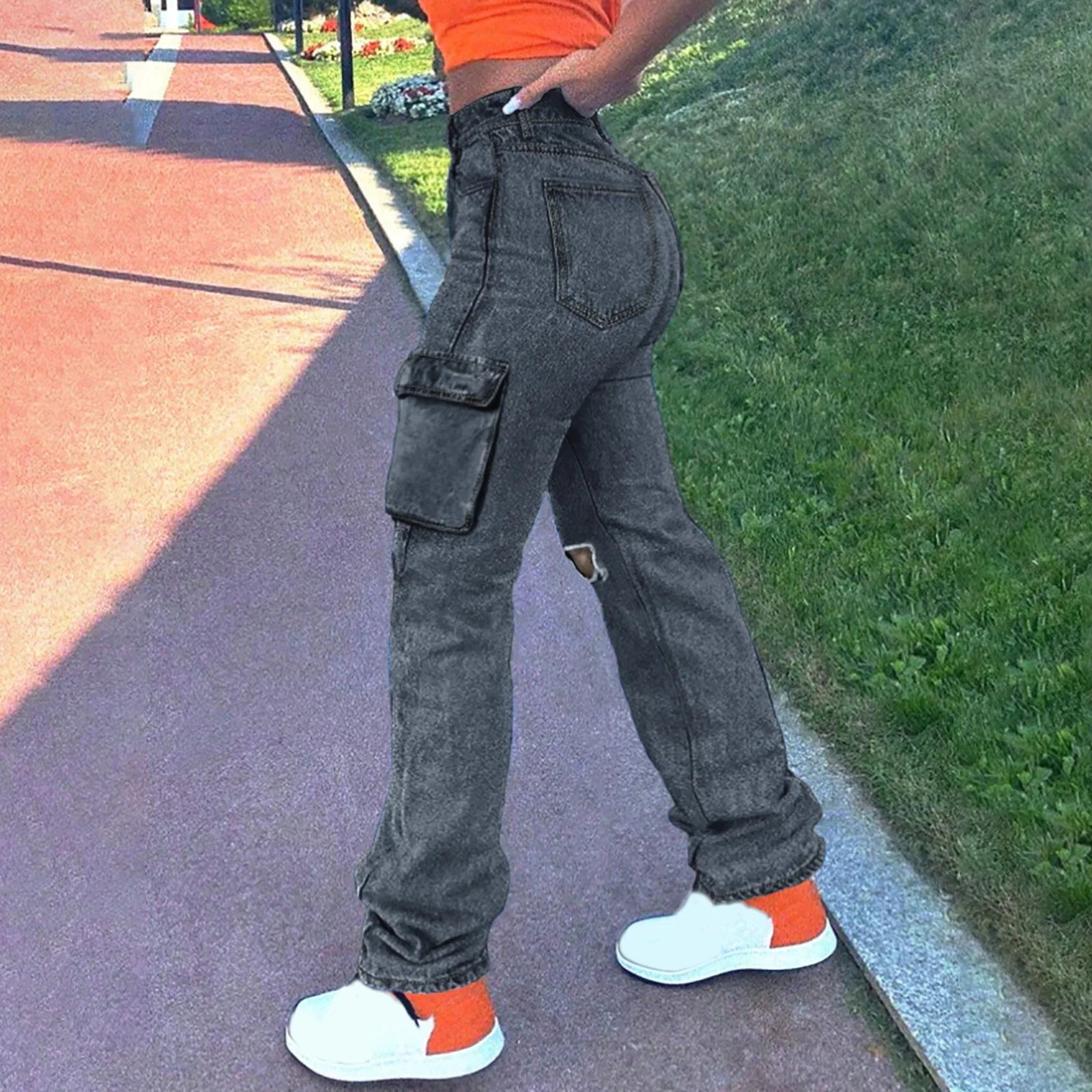 Women's Washed Baggy Pocket Cargo Straight Trousers Jeans Ladies Streetwear