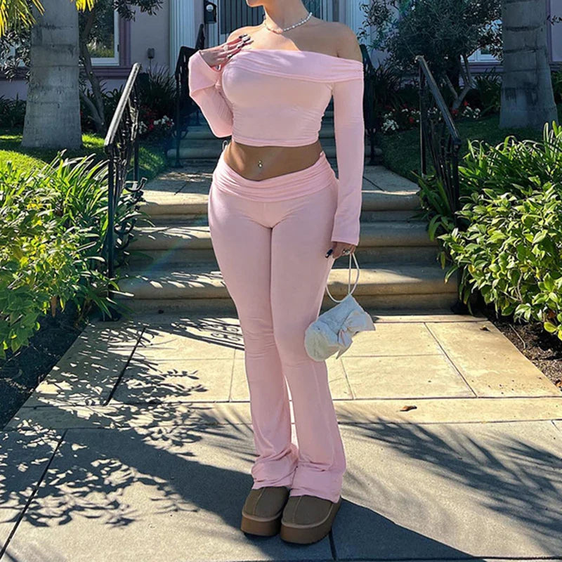 Slash Neck Top and Casual Pants Sets Women's Two Pieces Of Outfits Streetwear Solid Fashion Y2K Basic Slim Clothes