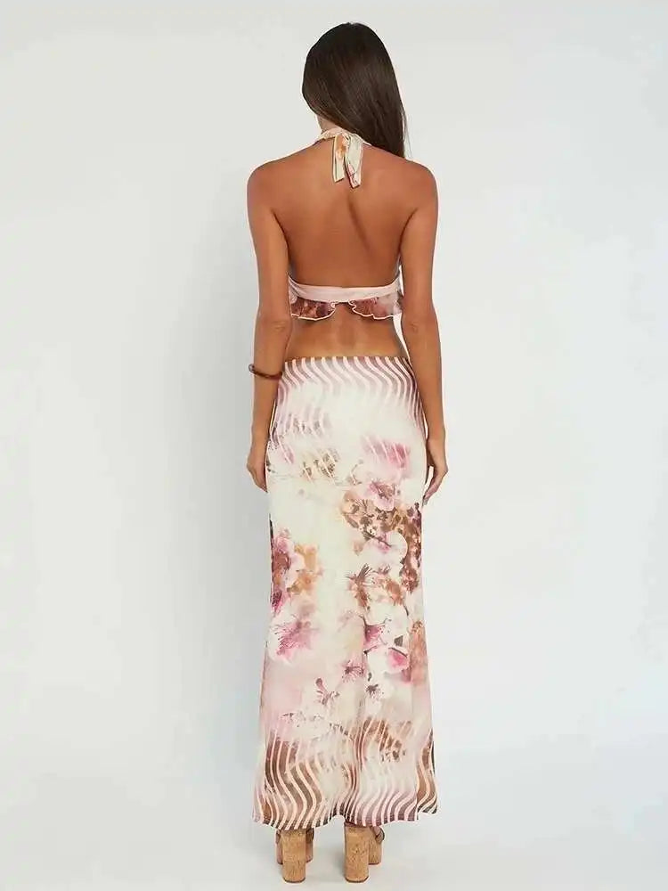 Sexy Party Two Piece Set Deep V Crop Top Midi Skirts Bodycon 2 Pieces Set