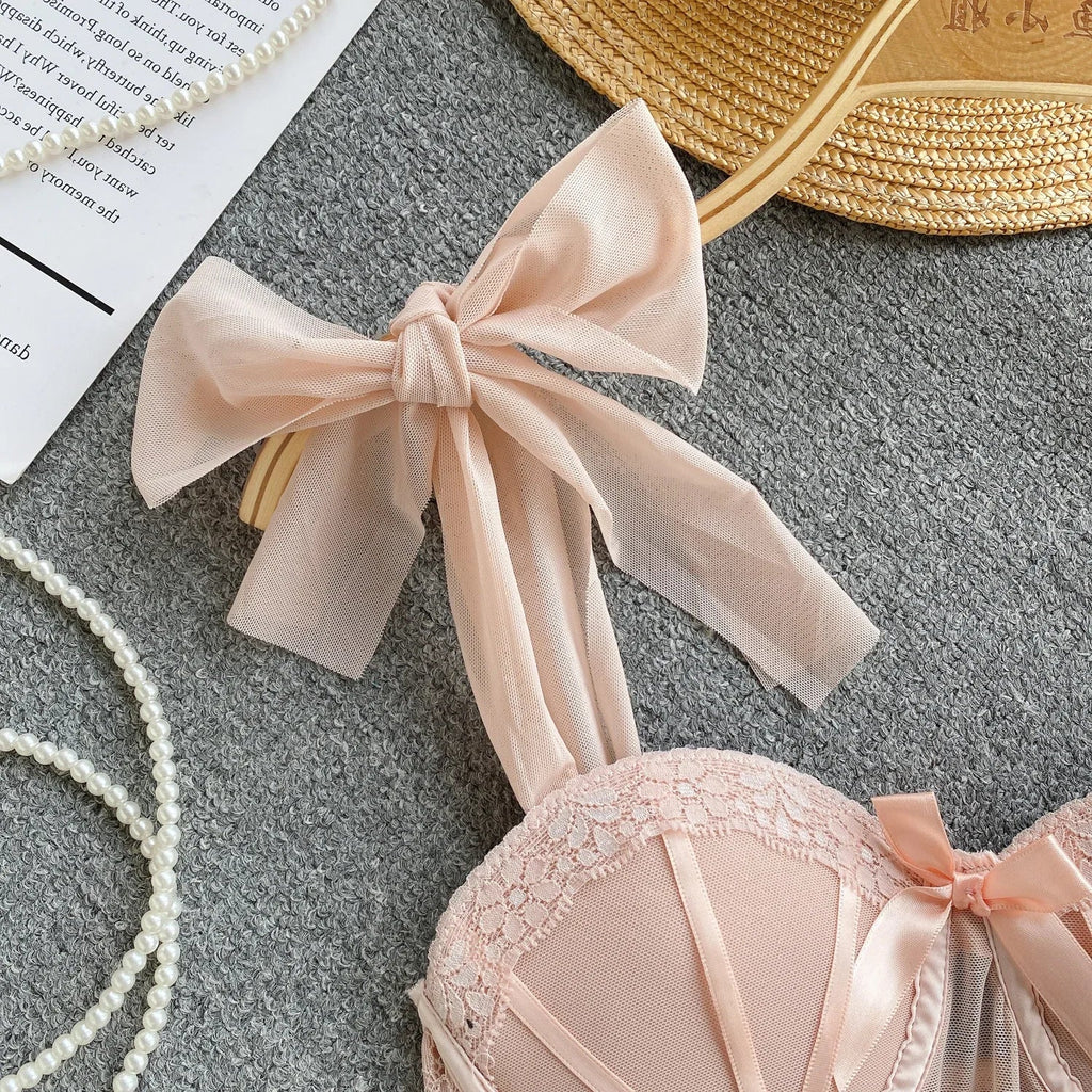 Spaghetti Strap Tank Top for Women Strapless Build in Bra Lace Patchwrok Tulle Bow Camis Summer Casual Female Camisoles