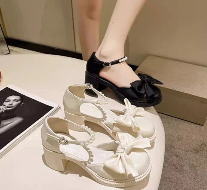 Ladies Luxury Bow Pearl With Medium Heels Mary Jane Shoes