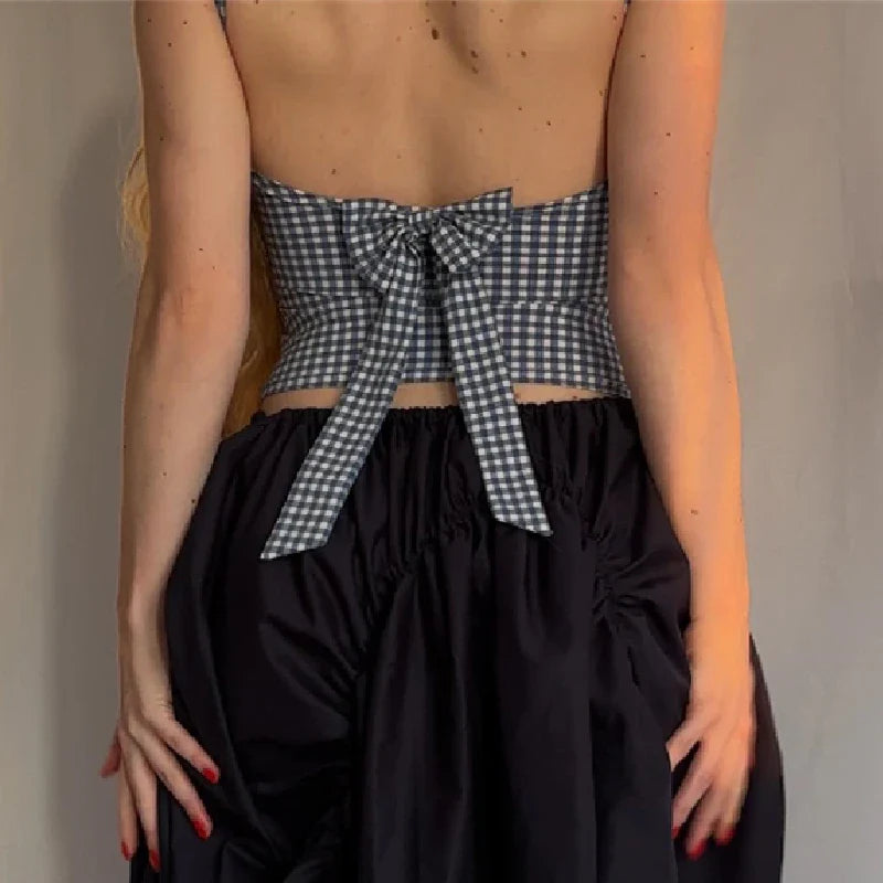 Fashion Bow Backless Tank Top Casual Streetwear Plaid Print Sleeveless Crop Tops Summer Slim Fashion Corsets