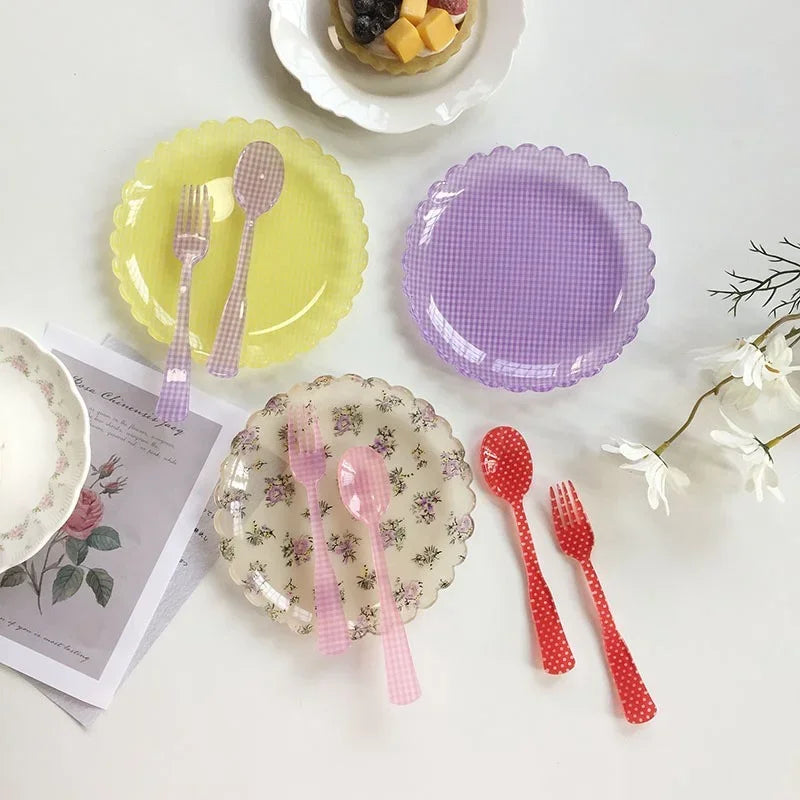 Plastic Dessert Tray Acrylic Cake Dish Grid Pattern Spork Floral Plates with Spoon & Fork