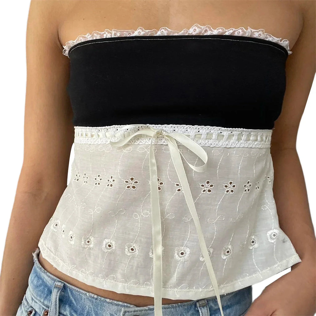 Women's Bandeau Top Kawaii Bow Lace Frill Strapless Tube Tops Summer Sexy Off Shoulder Backless Tie-up Vest Y2k Streetwear