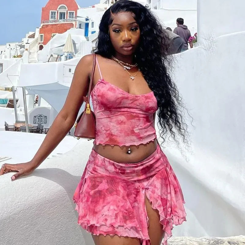 Women's Fashionable Mesh Printing Sexy Side Slit Mini Two Piece