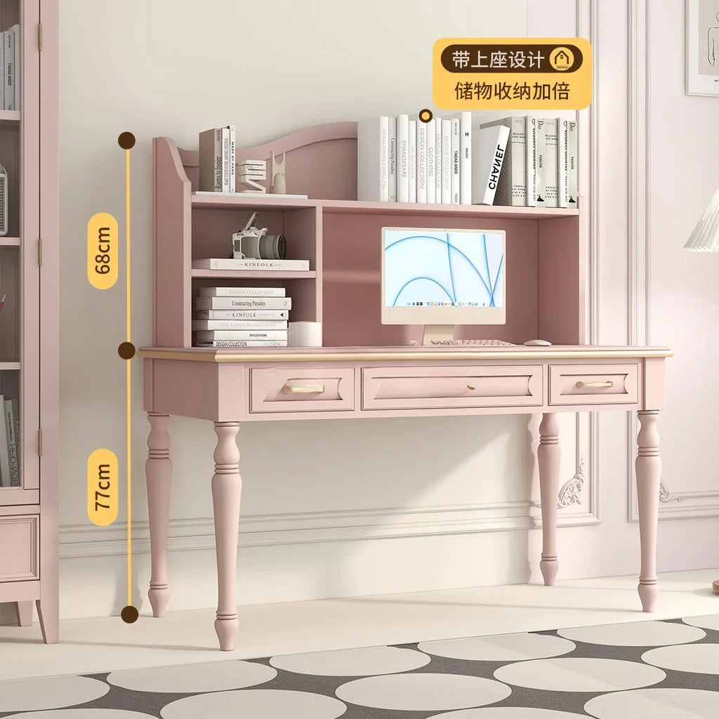Minimalist Light Luxury Pink Writing Table with Bookshelf, Living Room Study Table and Chair Combination in Oak and Walnut.