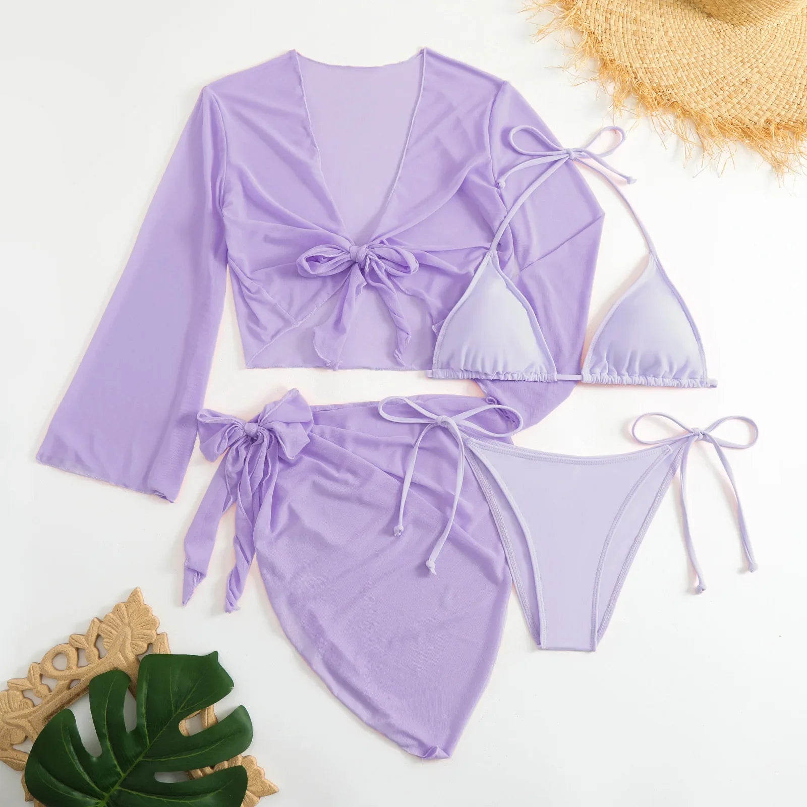 Women Micro Mini String Bikini Sets â€?4 Pieces with Mesh Cover Tops and Skirt Swimsuit Bathing Outfits