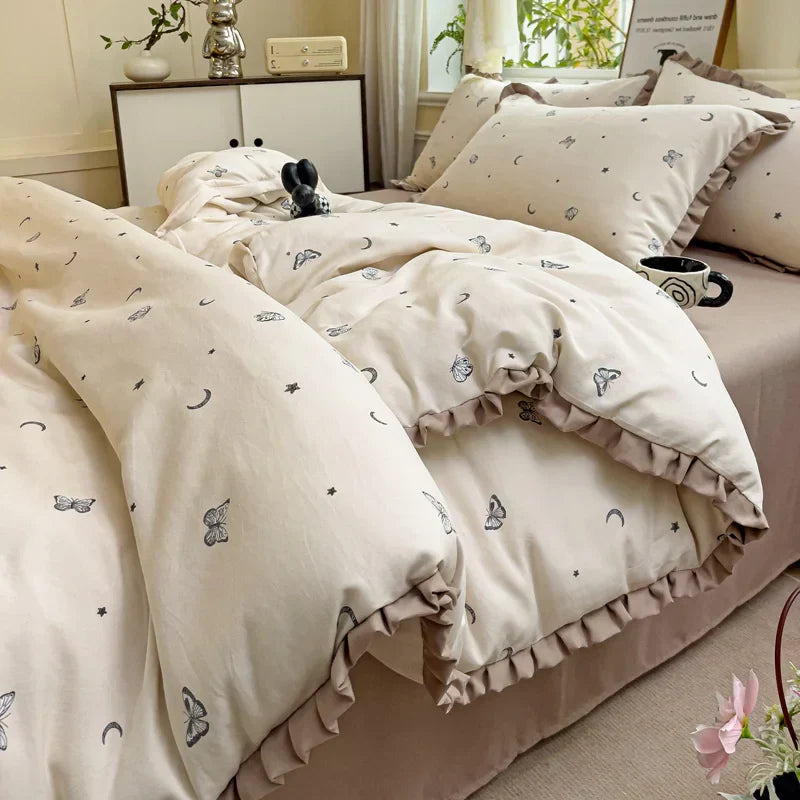 Princess Style Flowers Ruffles Soft Skin-friendly Duvet Cover Set Pillowcases Bedding Set