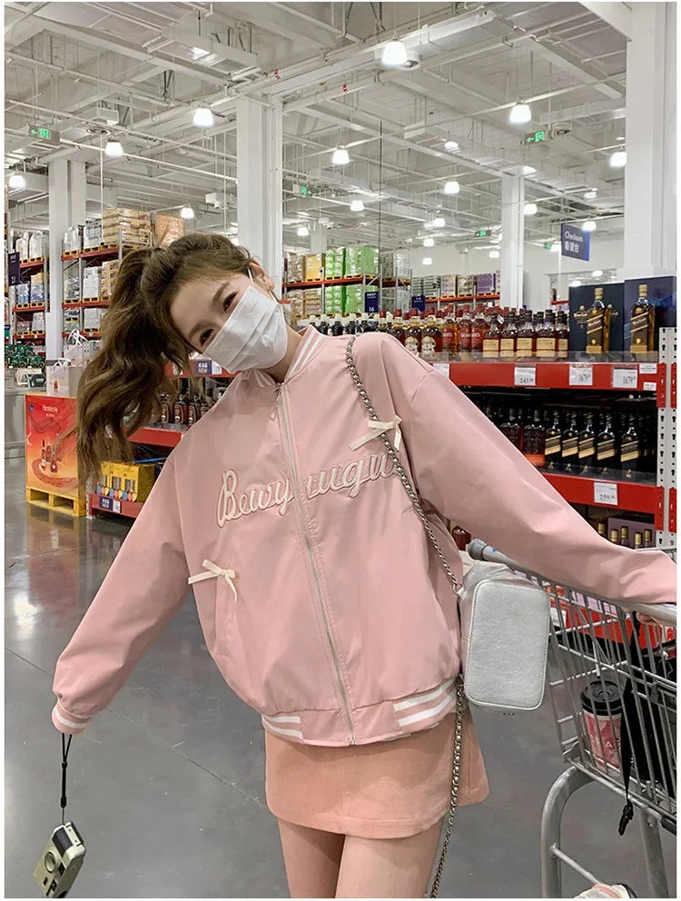 Sweet Butterfly Knot Pink Baseball Jacket Women's Spring Autumn Casual Loose Fit round Neck Full Sleeve Fashionable Coat