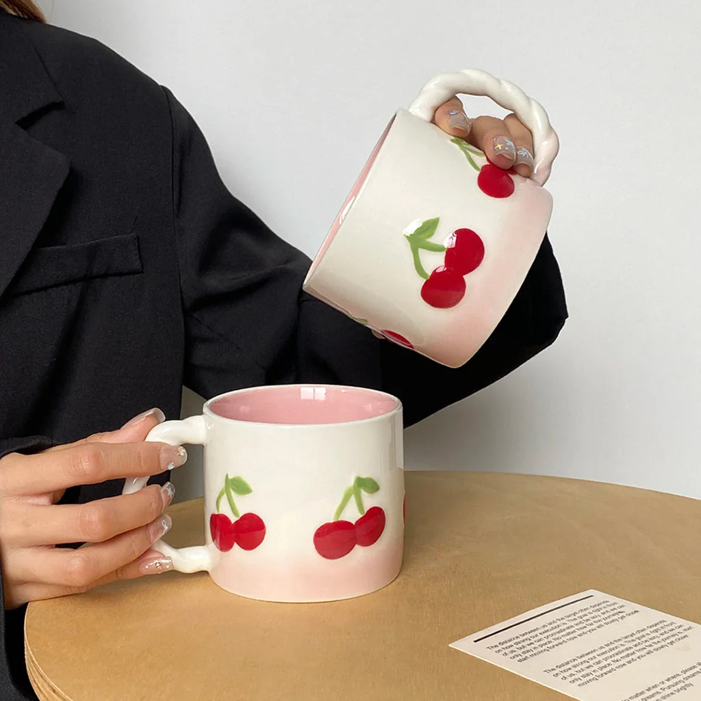 Pink Cherry Ceramic Mug, Twist Handle Ceramic Exquisite Pink Gradient Cup