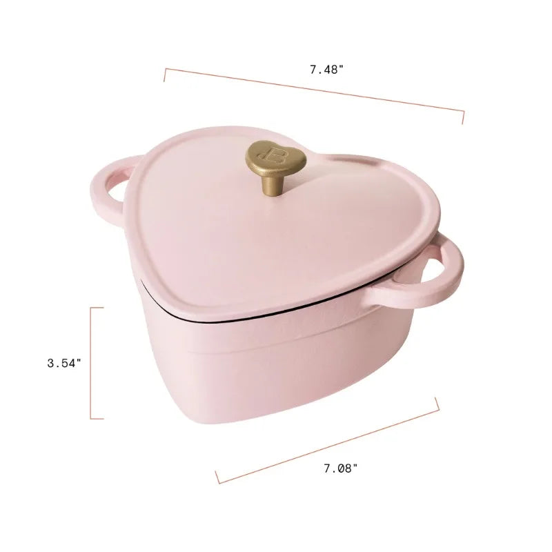 Pink Enameled Cast Iron Dutch Oven Heart-Shaped Pot with Lid, Dual Handles, Works on All Stovetops, Oven Safe to 500°F, 2-Quart