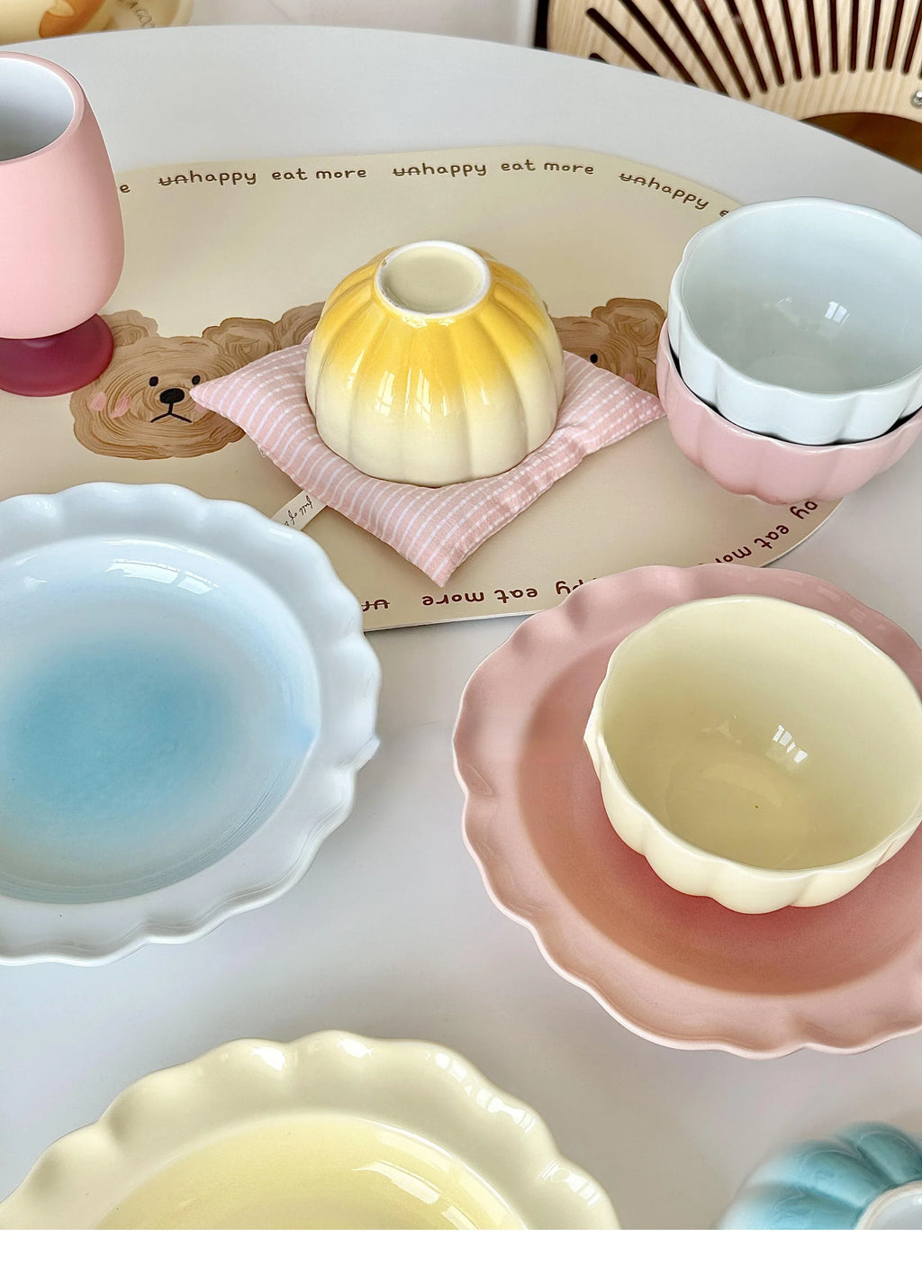 Cute Blush Gradient Plate Dessert Fruits and Vegetables Plate Yogurt Rice Bowl Underglaze Ceramic Tableware Set
