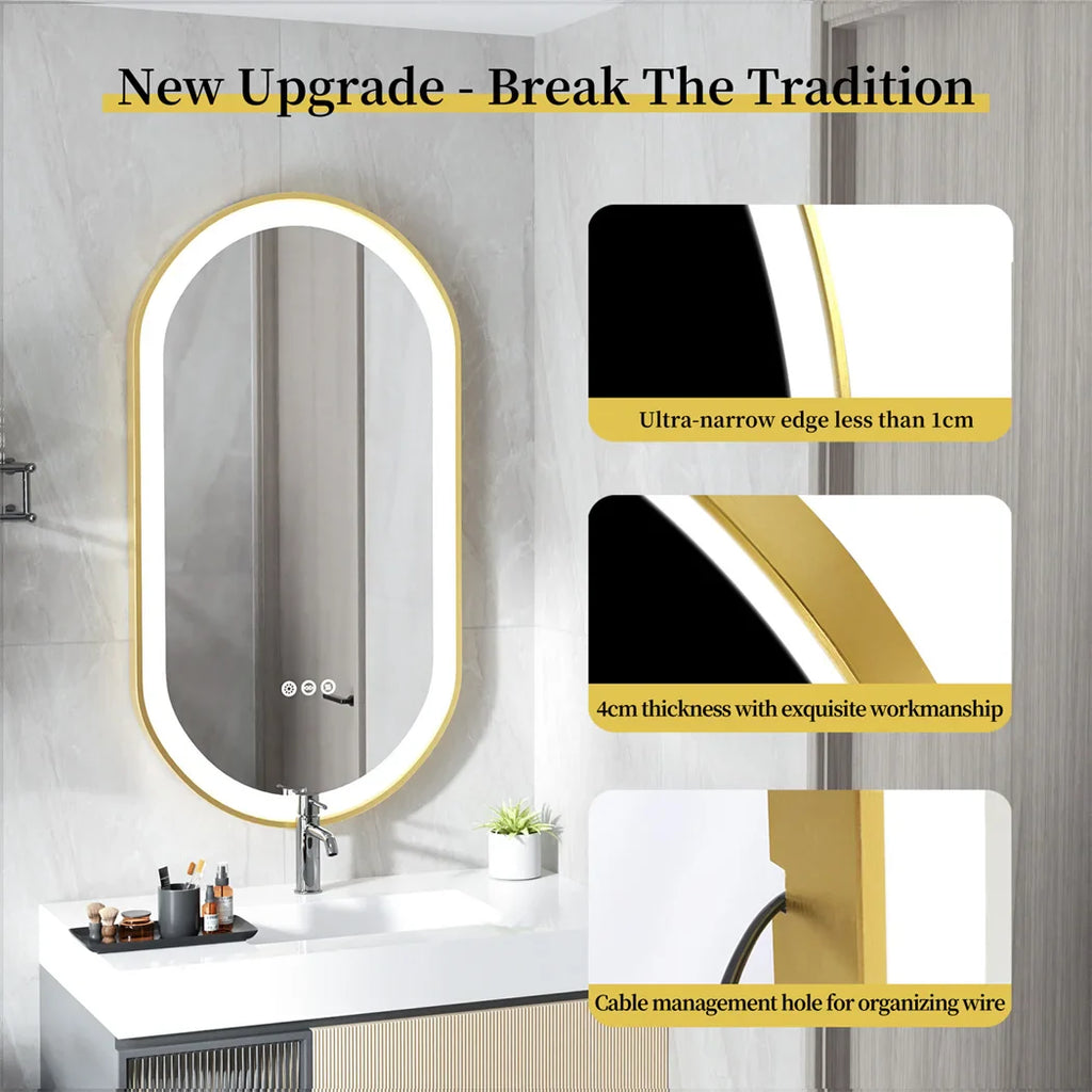 Luxury Oval Led Illuminated Bathroom Mirror Gold Aluminum Frame with Demister Pad