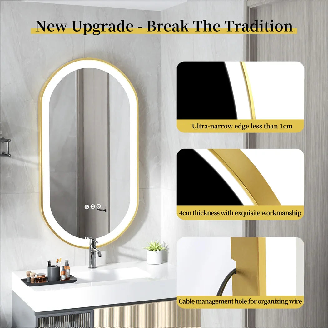 Luxury Oval Led Illuminated Bathroom Mirror Gold Aluminum Frame with Demister Pad
