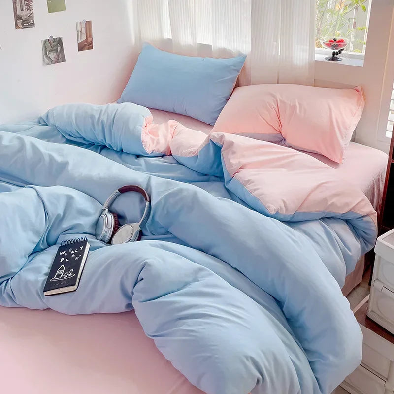 Solid Bed Linen Cotton Bedding Set 4pcs with Sheet Duvet Cover Pillowcases Single Couple Bedsheet