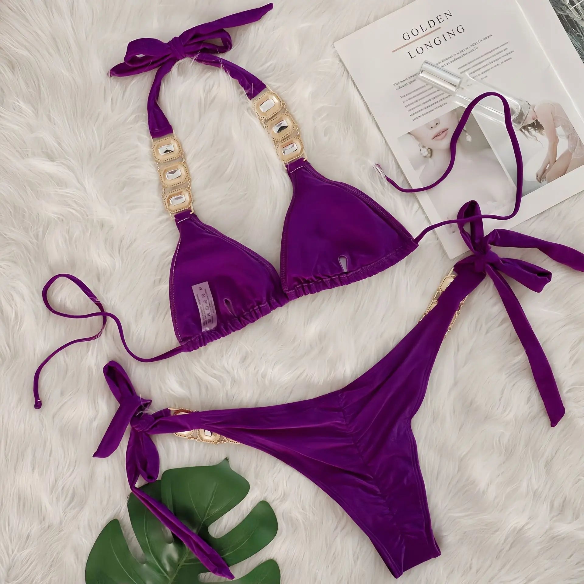 Sexy Rhinestone Bikini Set Women Luxury Pink Crystal Diamond Push Up Bandage Thong Swimsuit