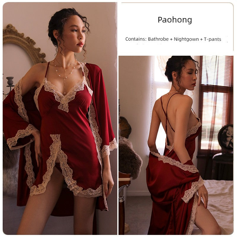 Women's Sexy Lace Pajamas Fancy Ice Silk Strap Night Dress